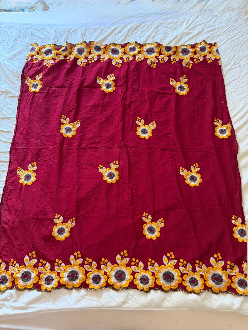 Boho Floral Embroidered Table Topper Wrap Wall Hanging Scalloped Burgundy VNT